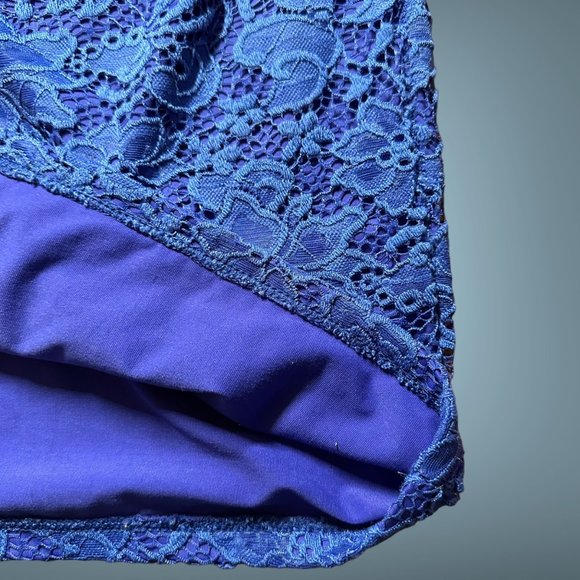 Carol Catugy Full Lace Bodycon Dress Medium Blue Backless Bow High Neck Stretch - Picture 14 of 15